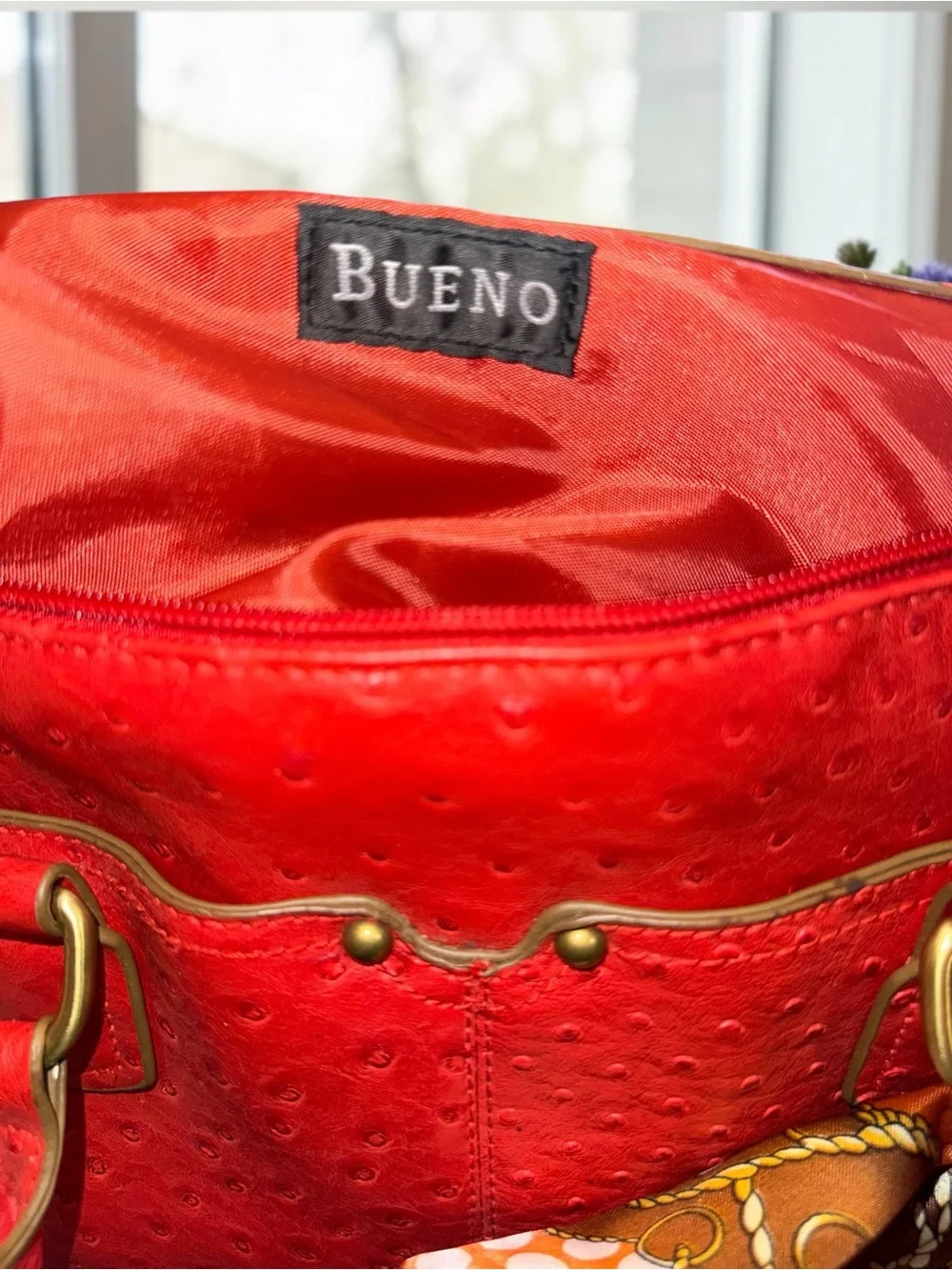 Bueno Red Ostrich Embossed Satchel Handbag with Scarf Accent